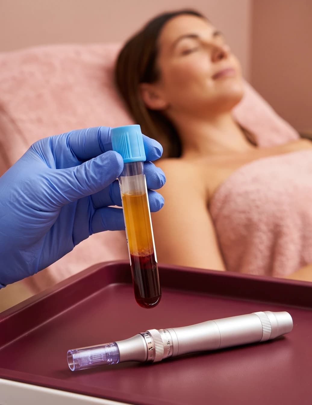 Eprubetă cu plasmă îmbogățită în trombocite (PRP) și dispozitiv de microneedling