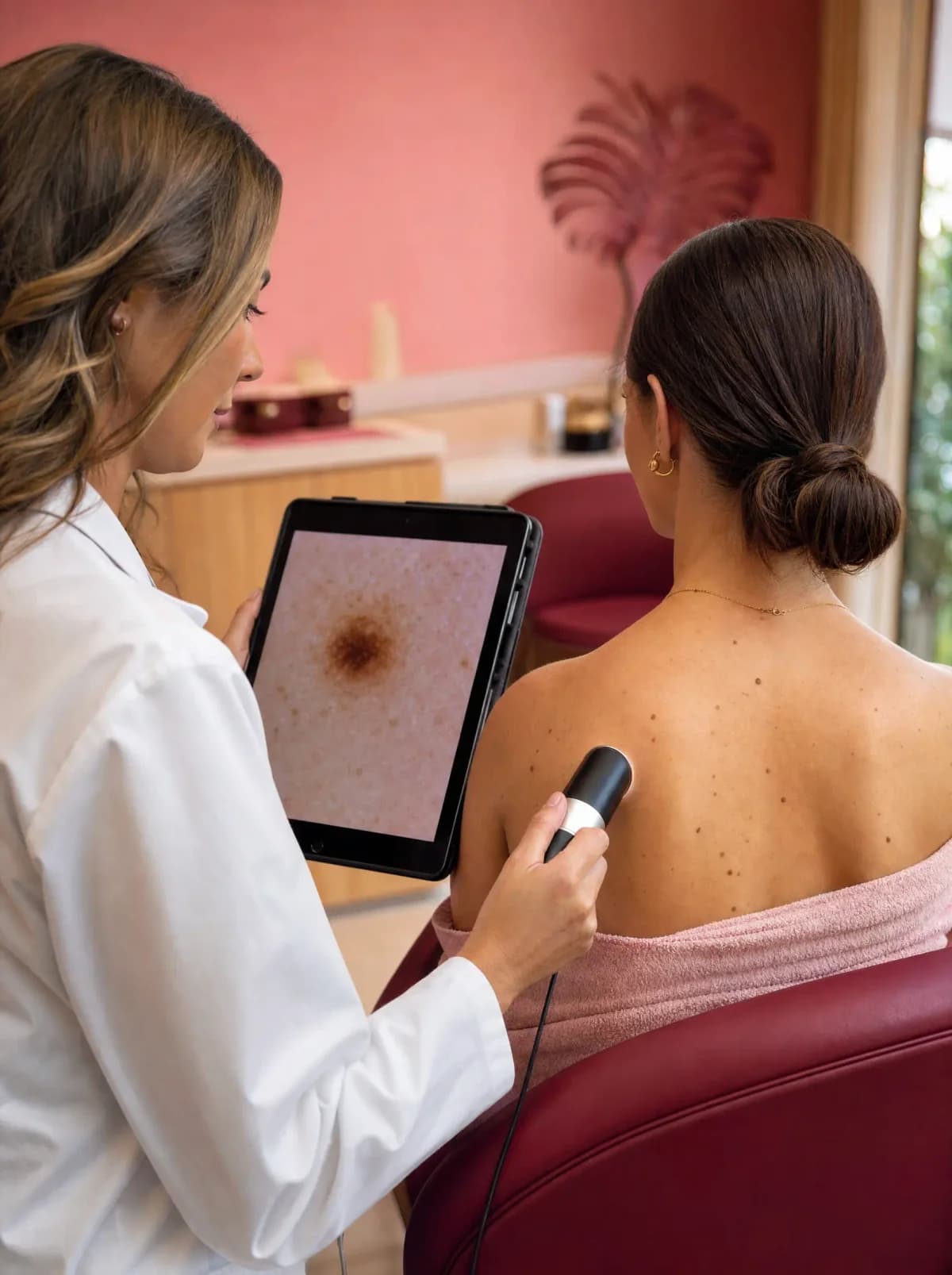 Medic dermatolog examinând alunițele cu dermatoscopul