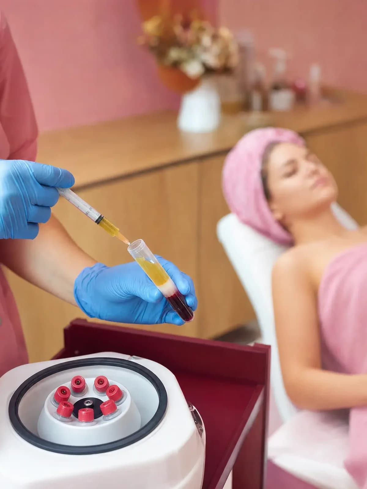 Plasmă bogată în trombocite (PRP) extrasă din eprubetă după centrifugare